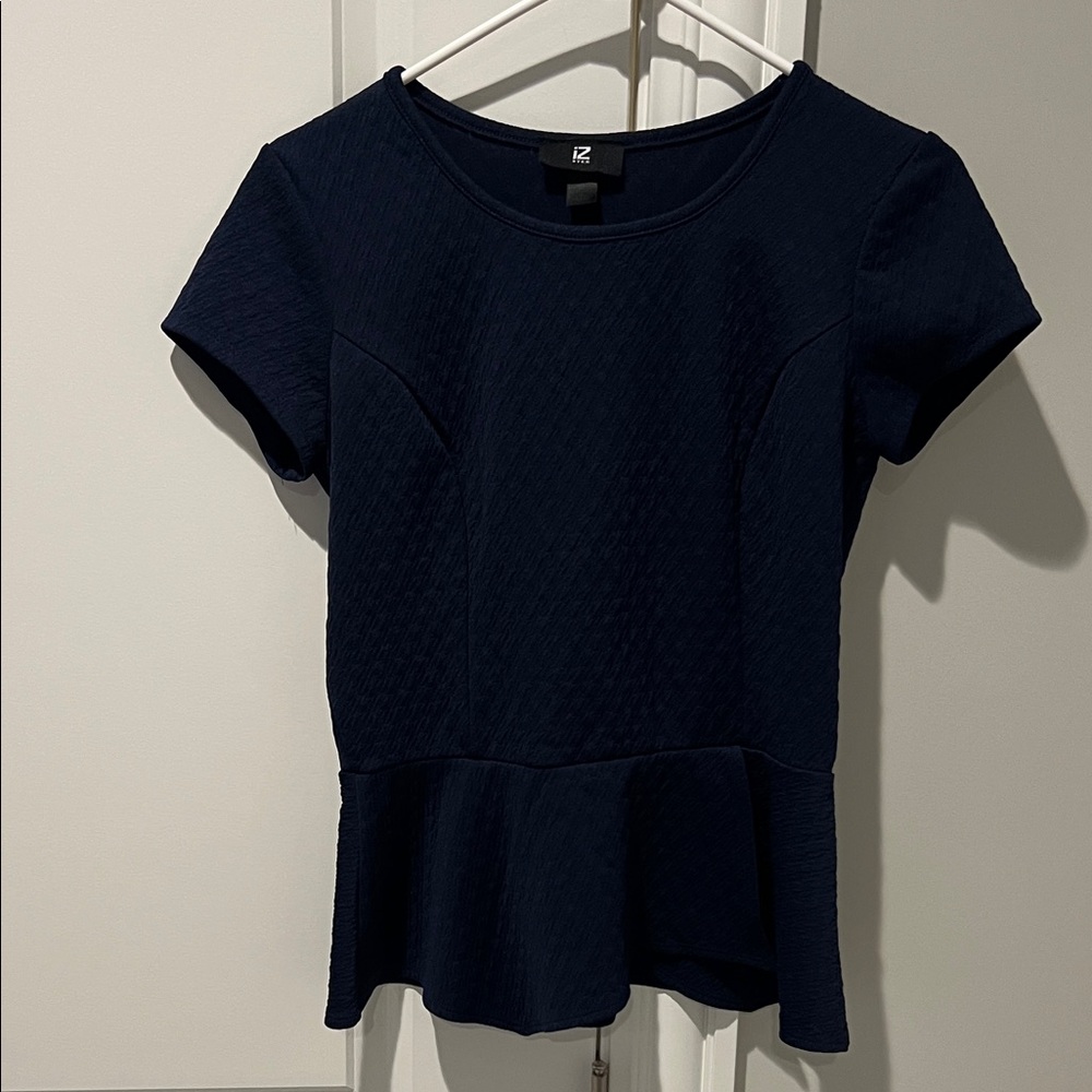 Iz Byer Navy Textured Peplum Blouse